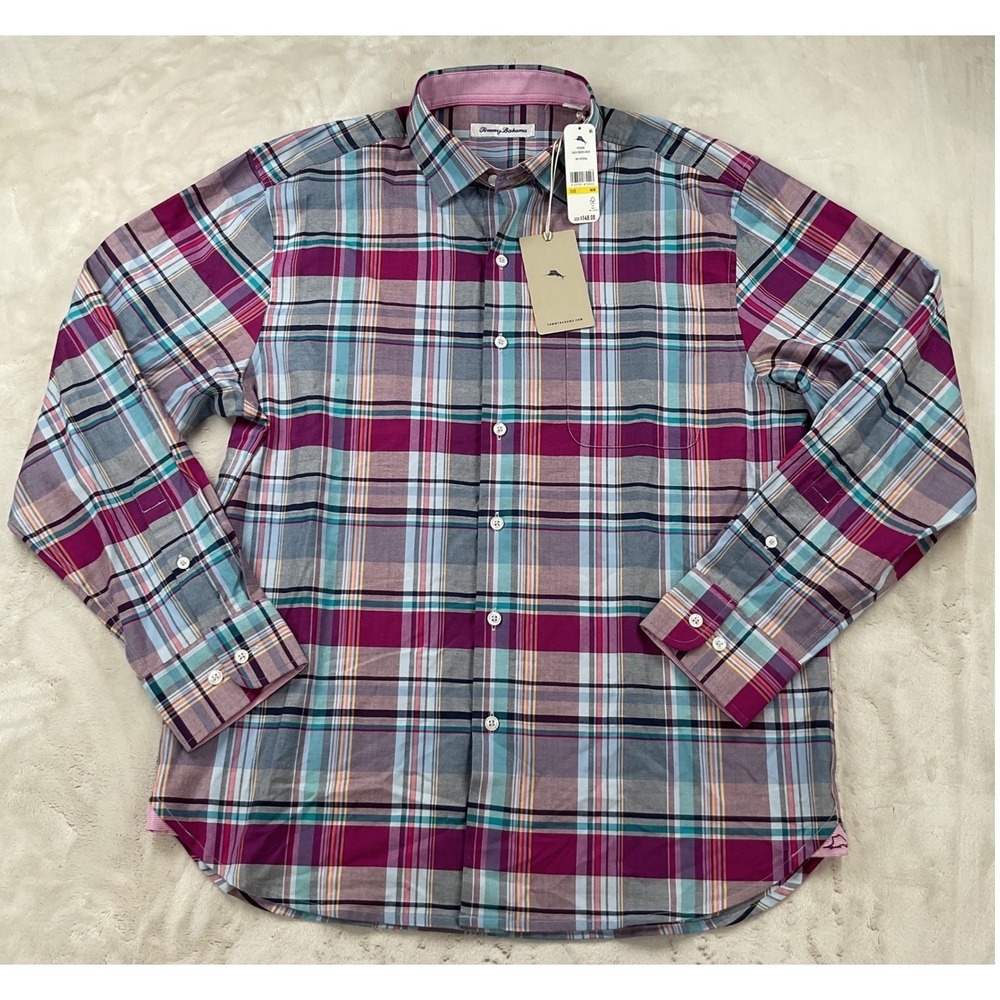 Tommy Bahama Lazlo Cheers Check Shirt Mens Medium Purple Silk Blend ST326982 NEW